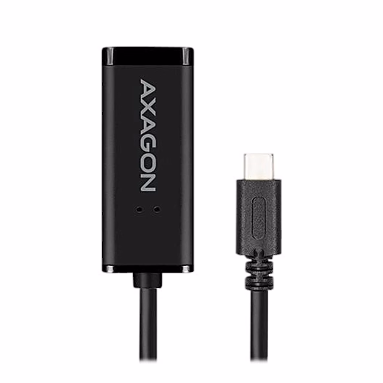 AXAGON ADE-SRC korpuse logo ja LED-tuled USB-C-pistiku kõrval lähivaates