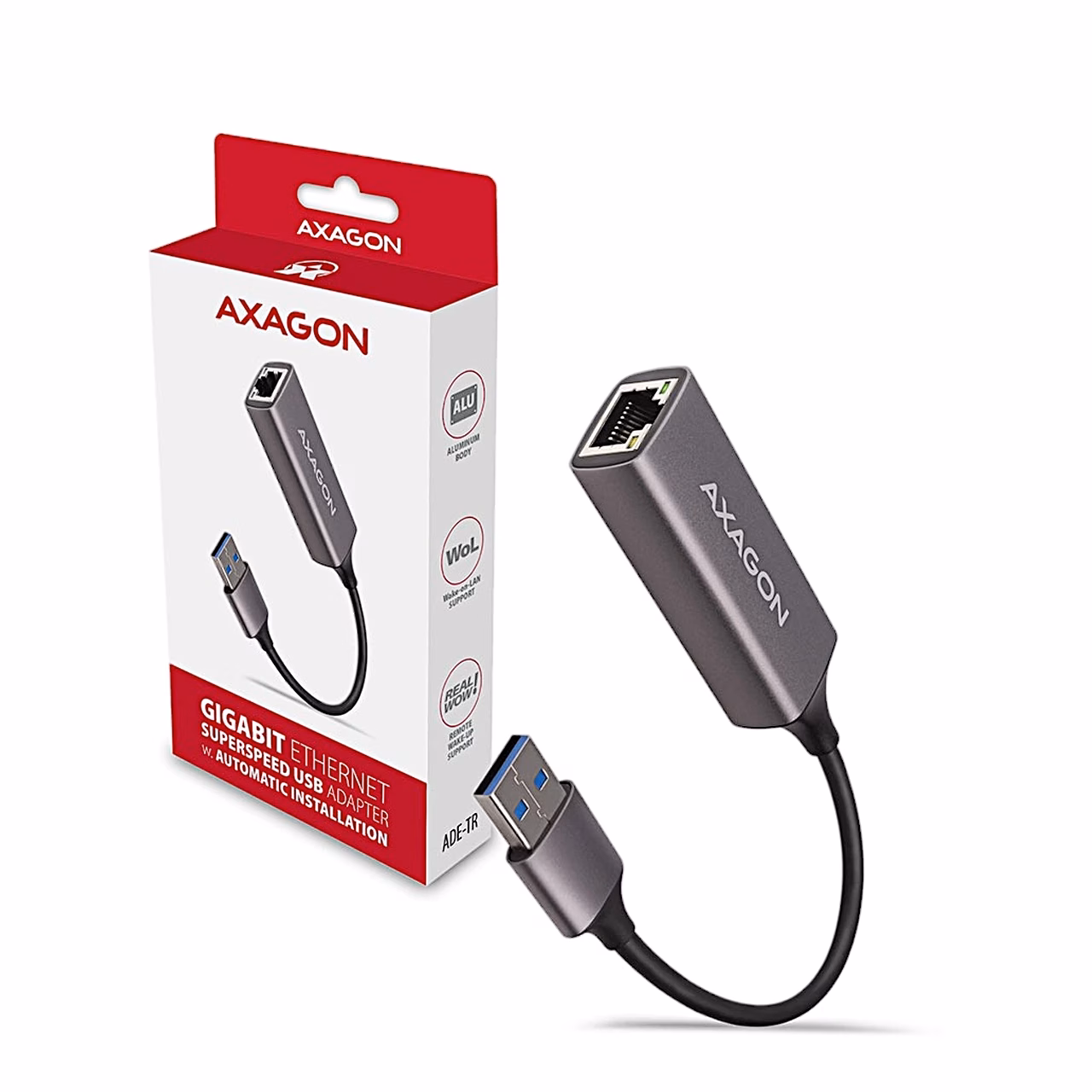 AXAGON ADE-TR USB-võrgukaart ja selle punakasvalge pakend