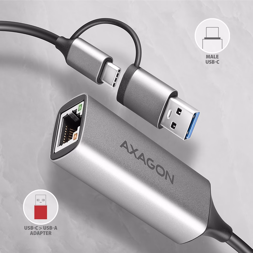 LAN adapter AXAGON ADE-TXCA USB-C pistik ja USB-A üleminek