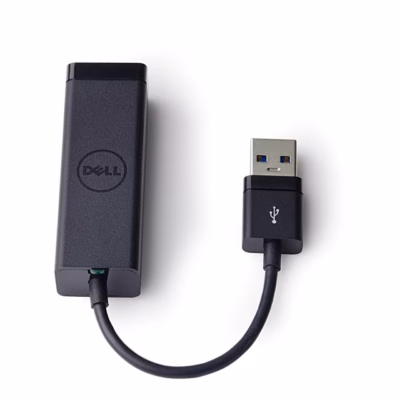 Dell 470-ABBT võrgukaart pealtvaates, Delli logo ja USB-A-pistikuga kaabel