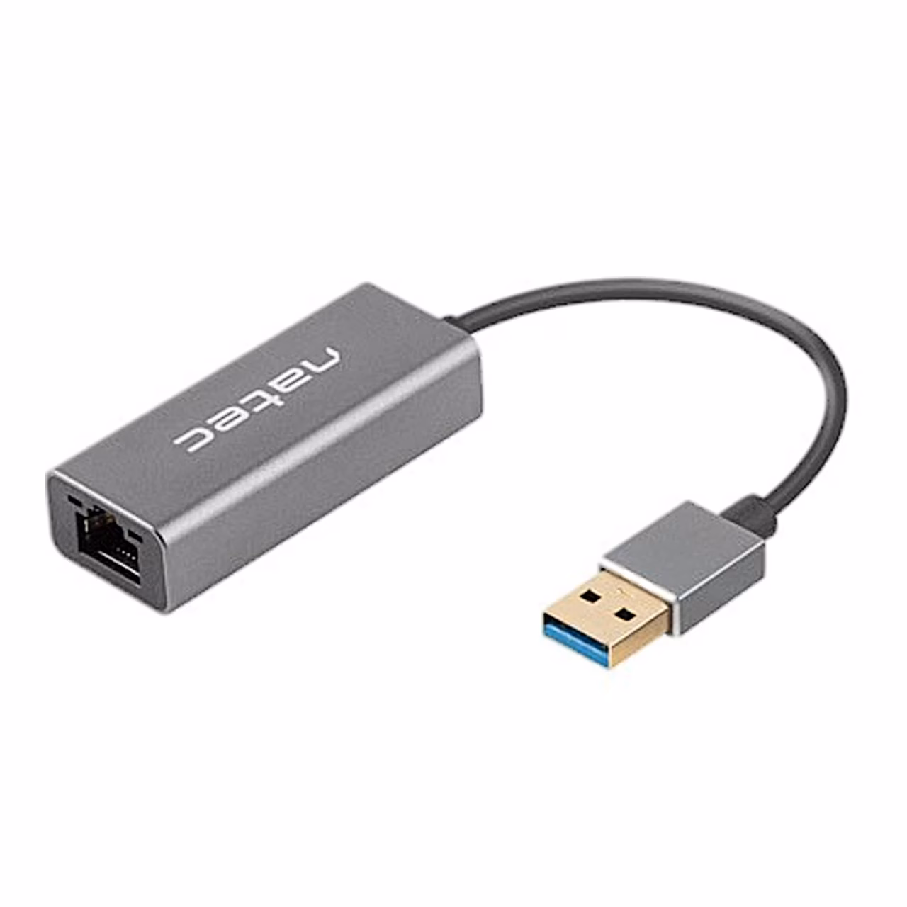 Natec Cricket LAN-adapter küljelt, lühike kaabel ja kullatud USB-pistik