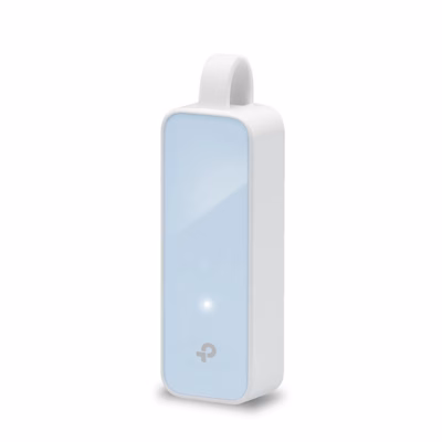 USB-võrgukaart TP-Link UE200 valge korpuse ja helesinise esipaneeliga eestvaates