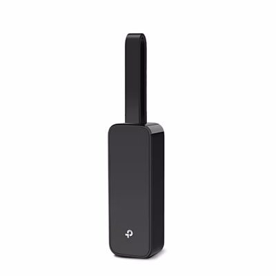USB-võrgukaart TP-Link UE306 eestvaates, must korpus ja üles volditud kaabel
