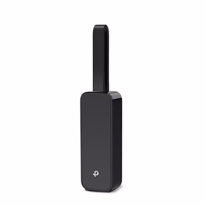 USB-võrgukaart TP-Link UE306 eestvaates, must korpus ja üles volditud kaabel