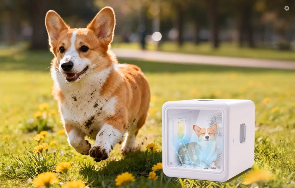 Mudane corgi jookseb murul Rojeco kuivatuskasti kõrval, kus puhas koer kuivab