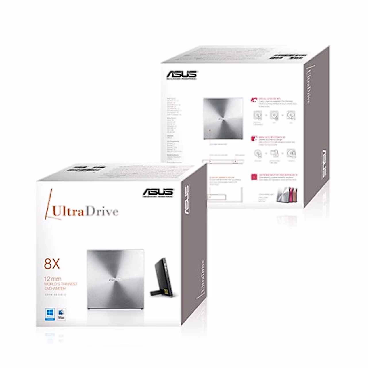 ASUS UltraDrive SDRW-08U5S-U müügikarbid esi- ja tagaküljelt vaadatuna
