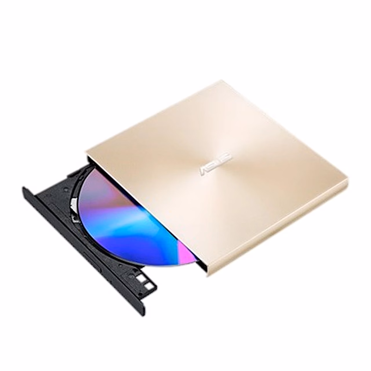 Kuldne väline DVD-kirjutaja ASUS ZenDrive U9M avatud plaadisahtli ja plaadiga