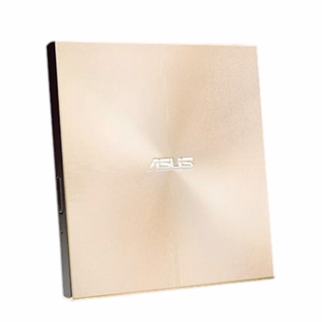 Kuldne DVD-kirjutaja ASUS ZenDrive U9M püstiasendis vasakult vaadatuna