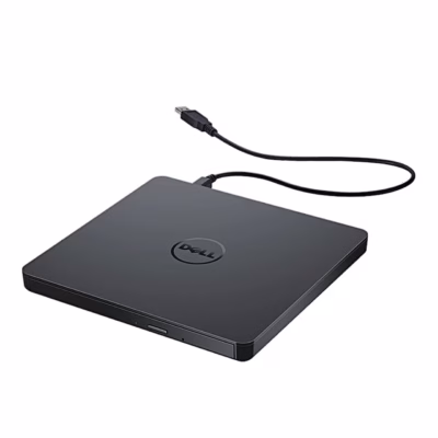 Must väline DVD-kirjutaja Dell DW316 koos ühendatud USB-kaabliga nurga alt