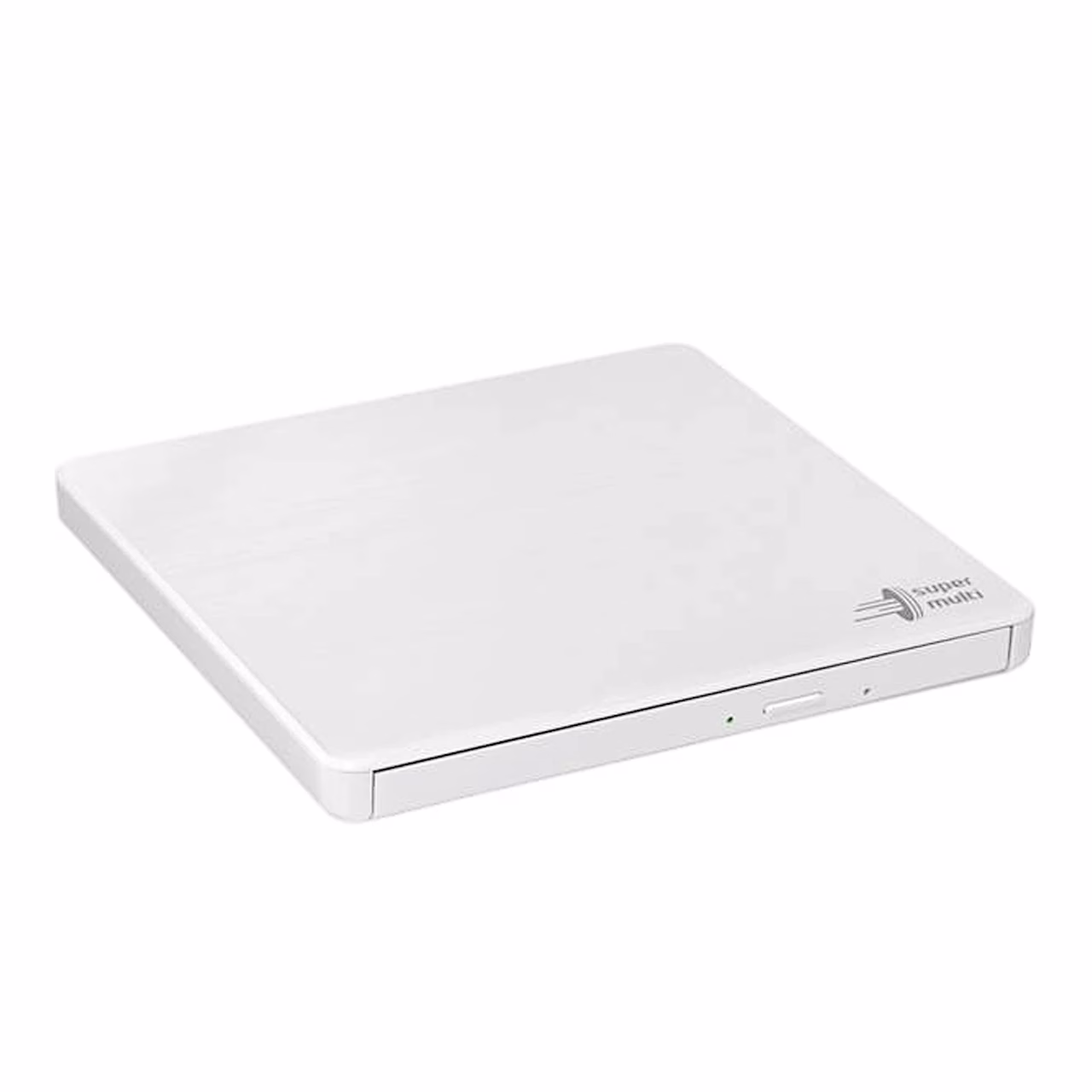 Valge väline DVD-kirjutaja LG GP60NW60 suletud plaadisahtliga, vaade eest viltu