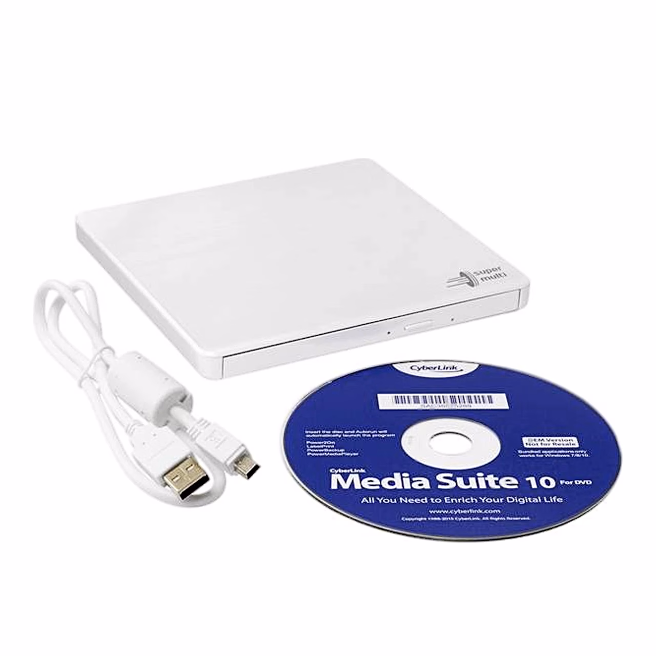 LG GP60NW60 kirjutaja koos valge USB-kaabli ja CyberLinki tarkvaraplaadiga