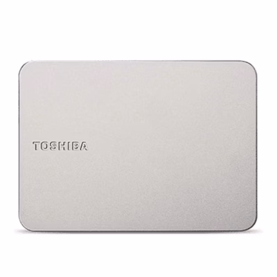 Hõbedane väline kõvaketas Toshiba Canvio Flex 4 TB pealtvaates Toshiba logoga