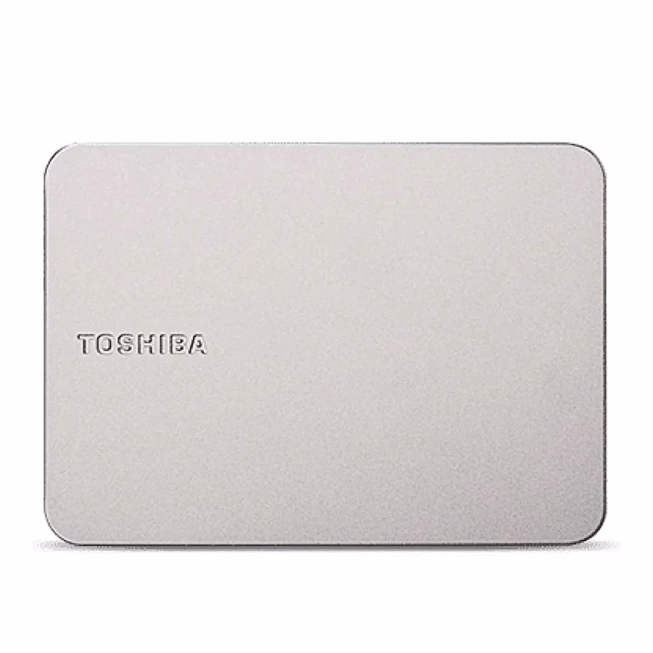 Hõbedane väline kõvaketas Toshiba Canvio Flex 4 TB pealtvaates Toshiba logoga