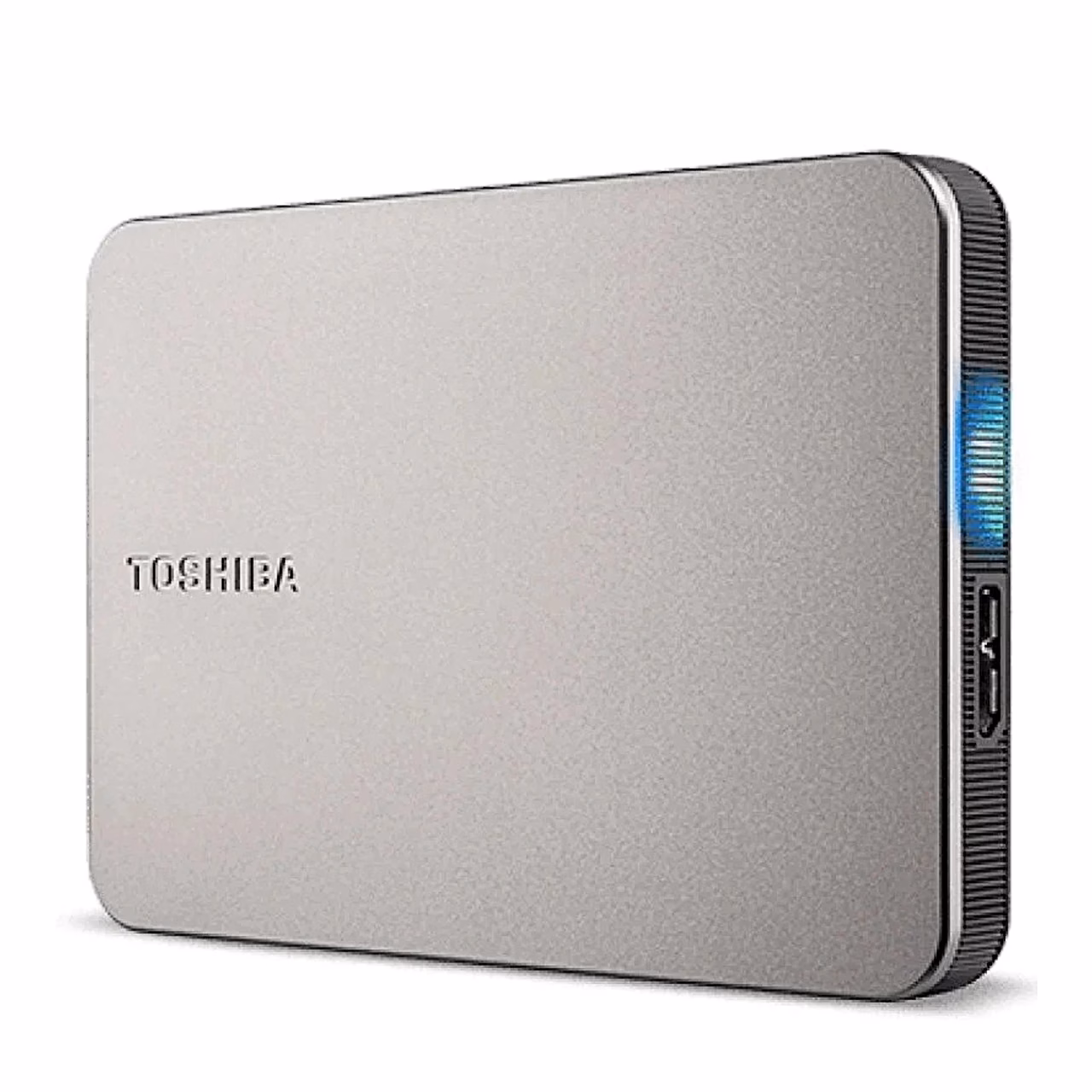 Toshiba Canvio Flex väline kõvaketas nurga alt, külgservas Micro-B pesa ja sinine märgutuli