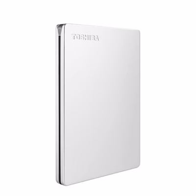 Hõbedane väline kõvaketas Toshiba Canvio Slim alumiiniumkorpusega püstises asendis