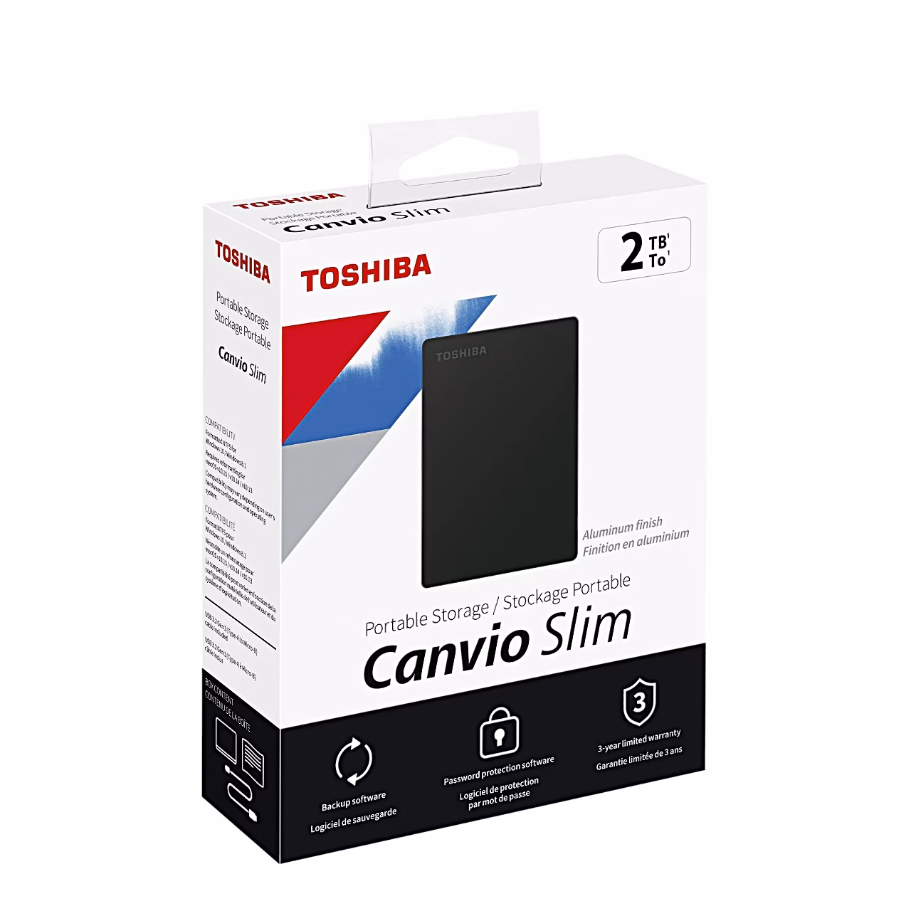Toshiba Canvio Slim 2 TB pakend nurga alt koos tarkvara ikoonidega