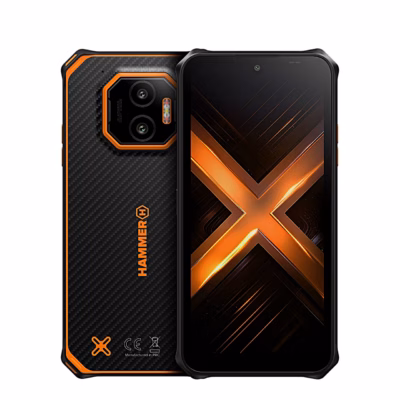 Vastupidav nutitelefon Hammer Energy X2 must-oranž, tagakülg ja ekraan kõrvuti