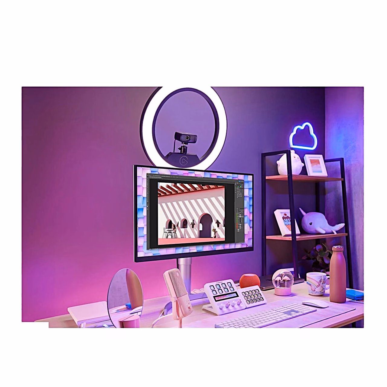 Elgato Facecam MK.2 veebikaamera monitoril rõngasvalgusti ees