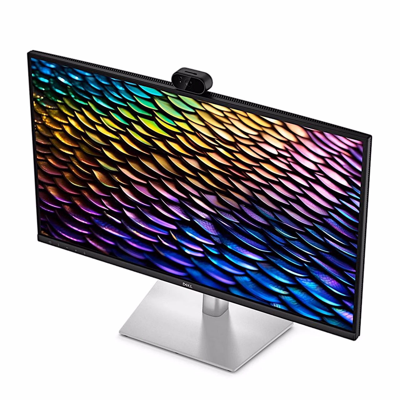 Dell P2726DEB monitor ülalt paremalt, kallutatud ekraan ja veebikaamera