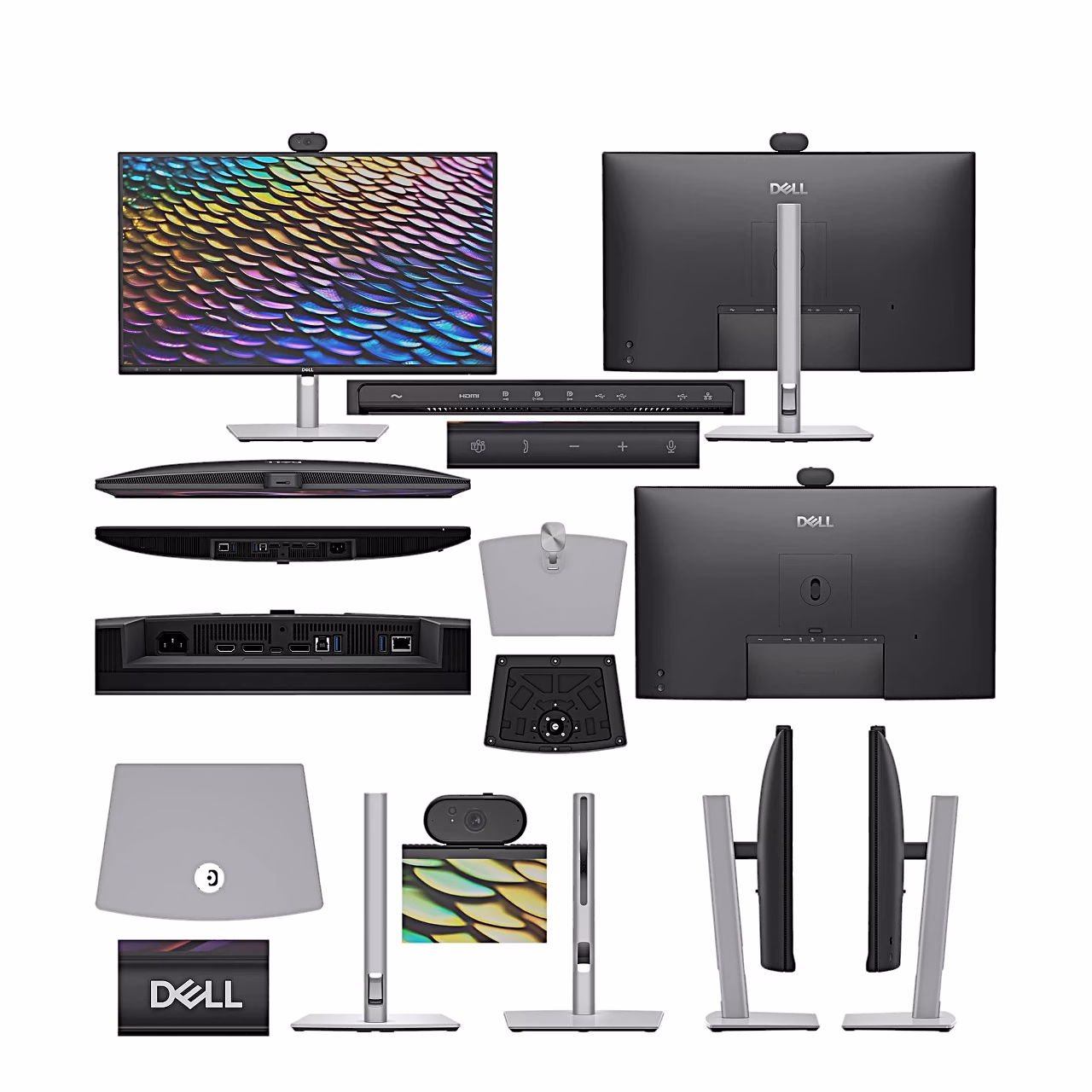 Dell P2726DEB arvutimonitori vaated eri suundadest koos aluse osadega