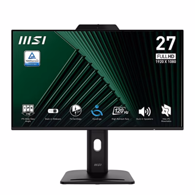 MSI PRO MP272PMG arvutimonitor eestvaates, ekraanil funktsioonide ikoonid ja 120 Hz märk