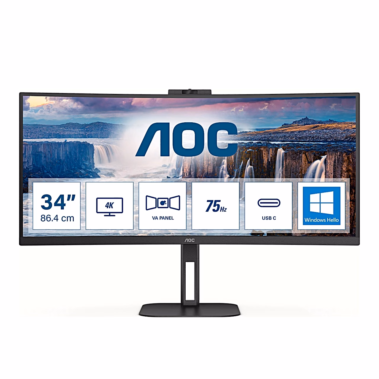 AOC CU34V5CW/BK monitori eestvaade, ekraanil AOC logo ja funktsioonide ikoonid
