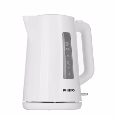 Valge veekeetja Philips HD9318/00 külgvaates, esiküljel veetaseme aken skaalaga