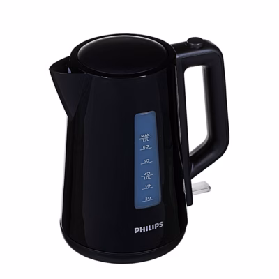 Must veekeetja Philips HD9318/20 eestvaates, veetaseme aken liitrite ja tasside skaalaga