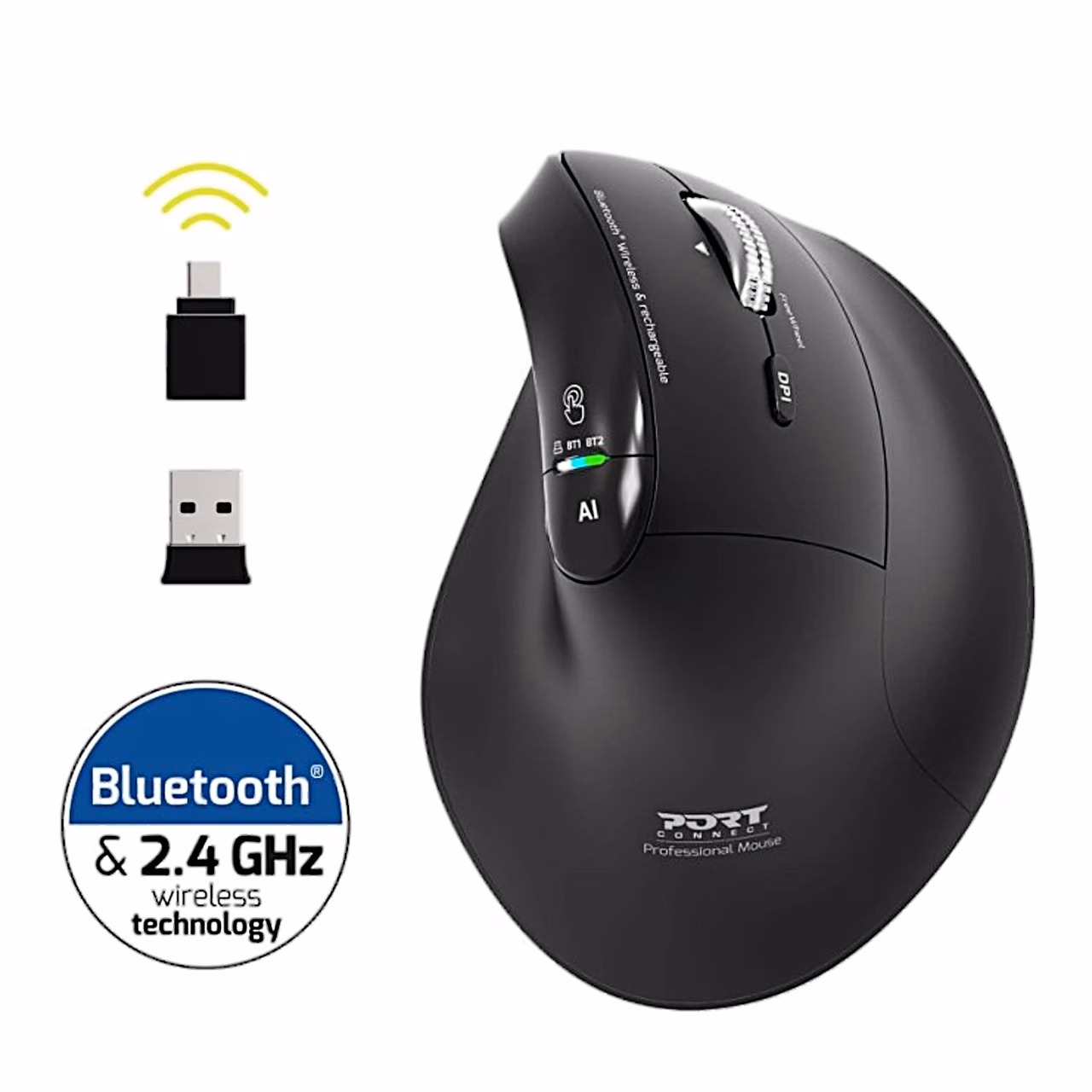 PORT Connect ERGO AUDITOR ülaltvaates koos USB-vastuvõtja ja USB-C-adapteriga