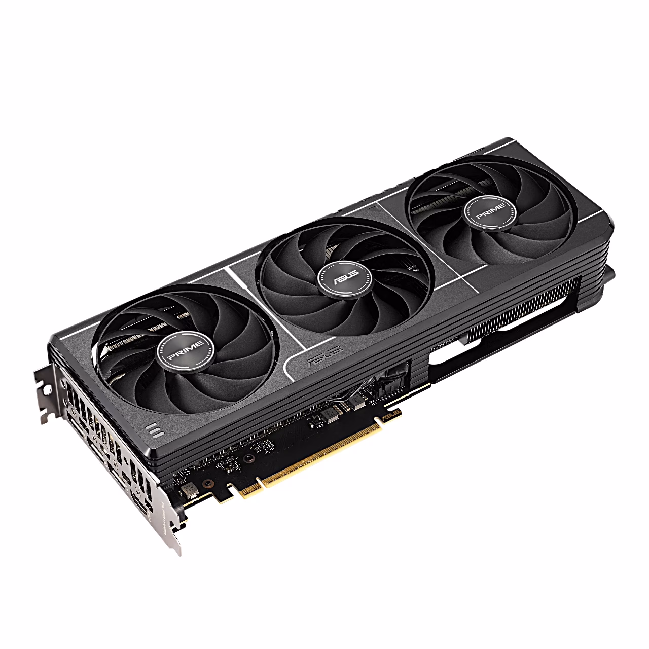 ASUS PRIME RTX 5060 Ti OC videokaart ülalt viltu PCIe-liidesega
