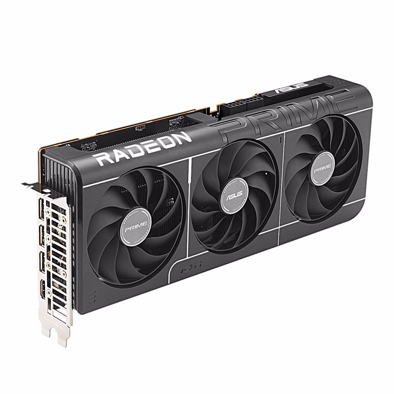 ASUS Prime RX 9070 GRE EVO kaldvaade väljundite ja kinnitusplaadi poolt