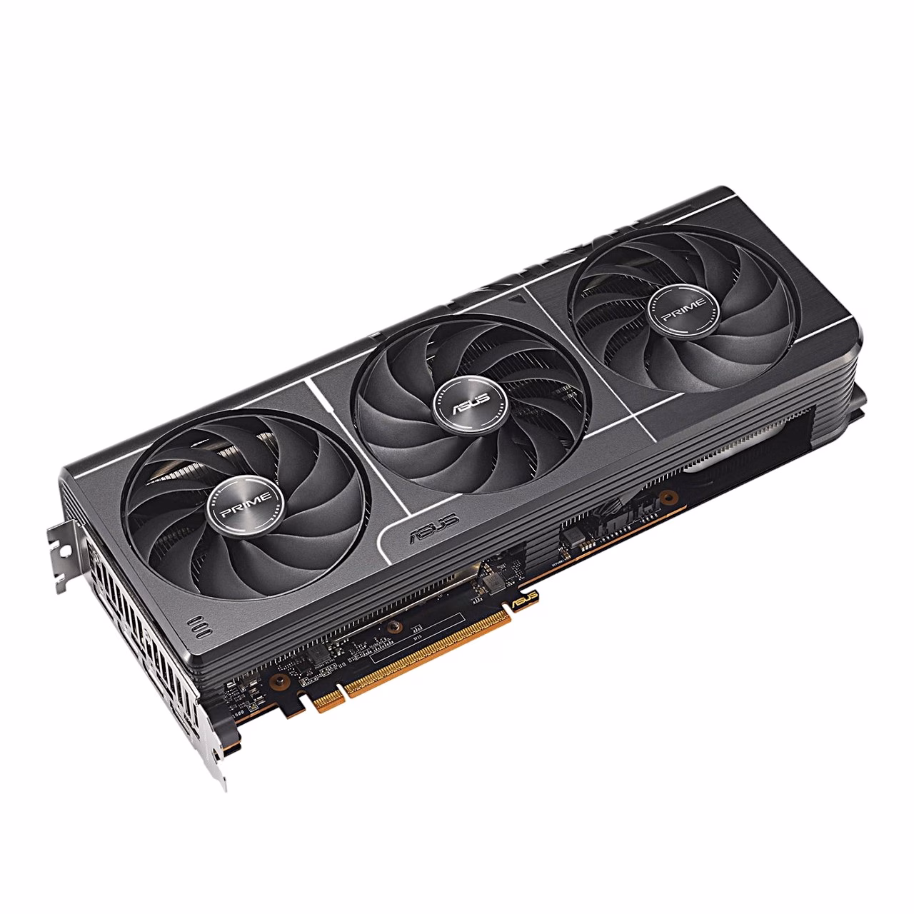 ASUS Prime RX 9070 GRE EVO pealtvaade kaldu, PCIe-kontaktid nähtaval