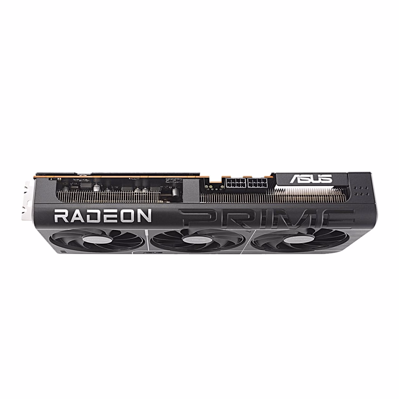 Videokaardi ASUS Prime RX 9070 GRE EVO ülaserv toitepesade ja Radeoni logoga