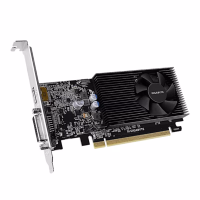Gigabyte GV-N1030D4-2GL täiskõrge kinnitusplaadiga nurga alt vaadatuna