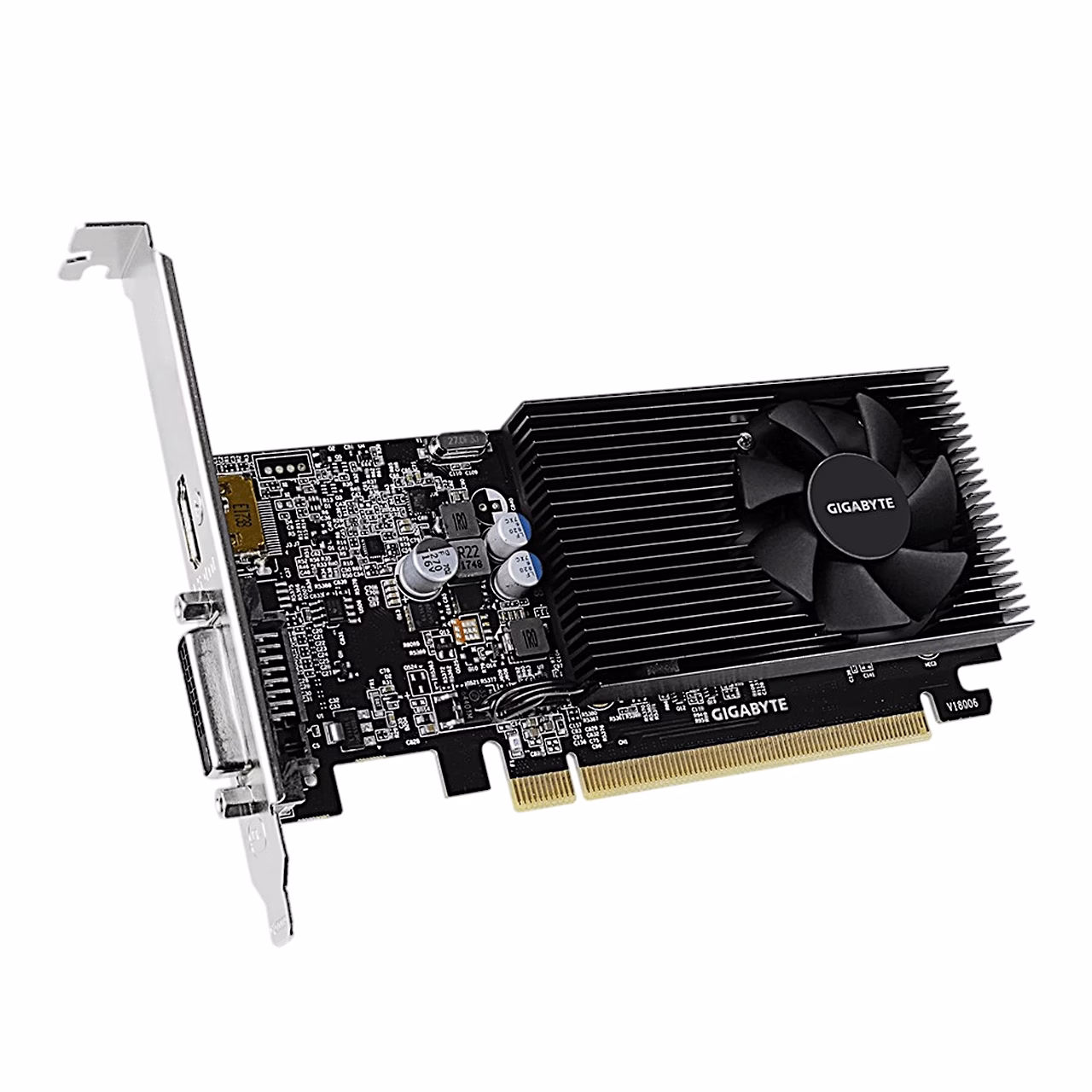 Gigabyte GV-N1030D4-2GL täiskõrge kinnitusplaadiga nurga alt vaadatuna