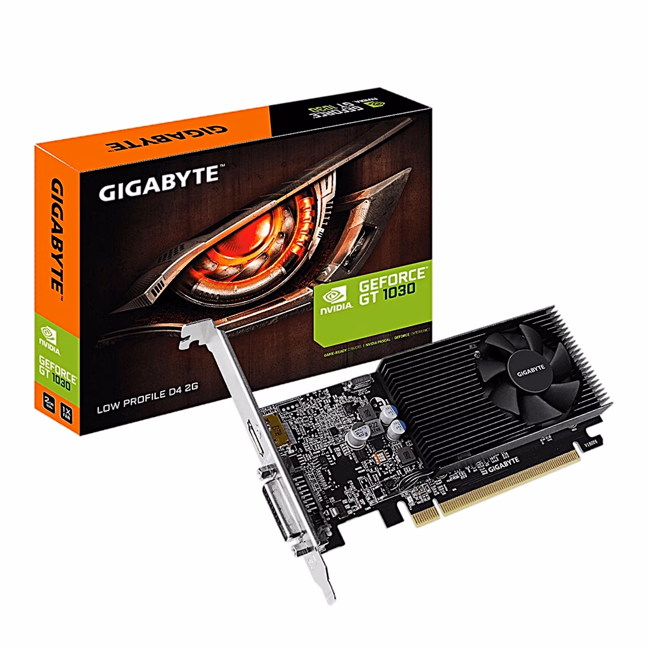 Madala profiiliga videokaart Gigabyte GV-N1030D4-2GL ja selle jaemüügikarp