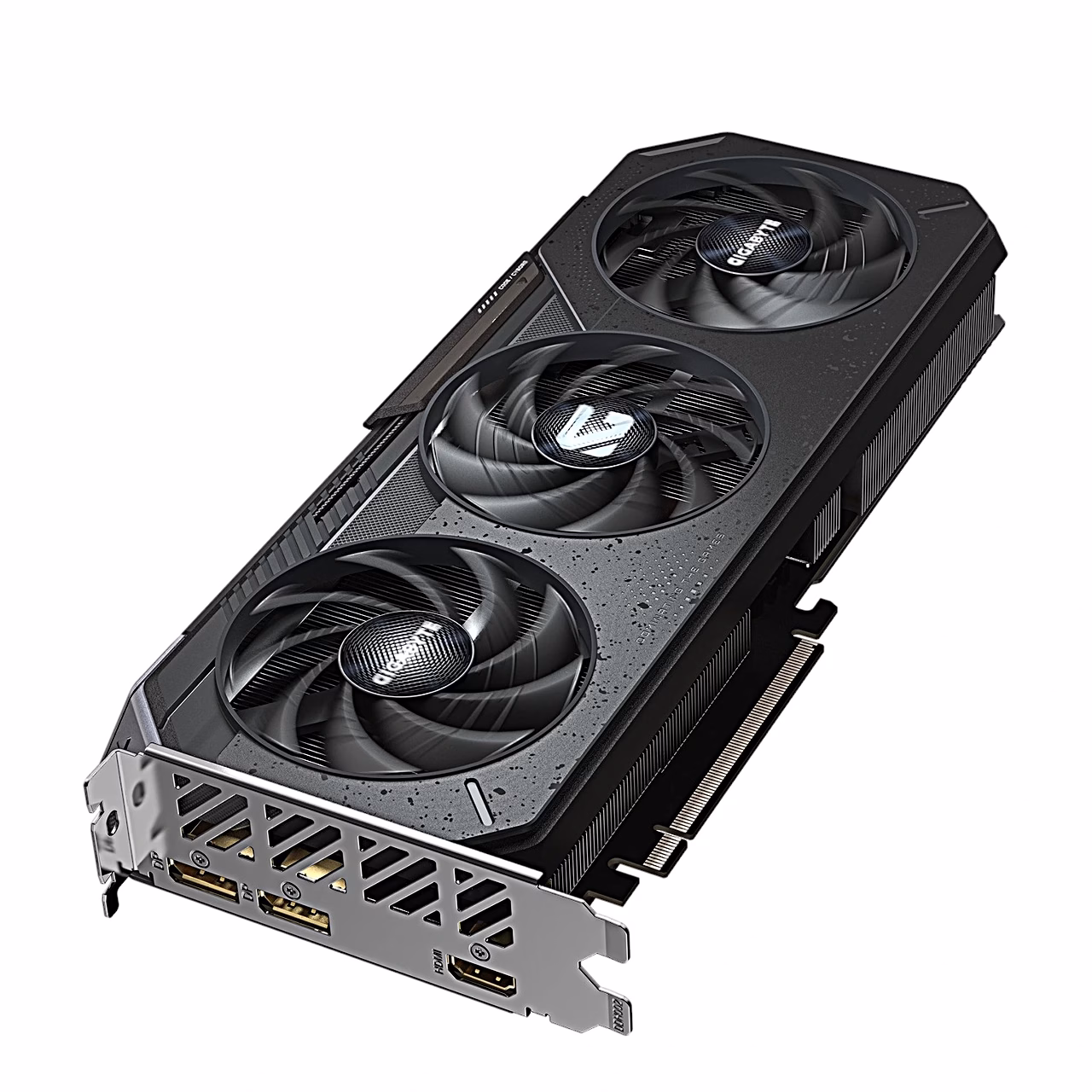 Gigabyte RX 9060 XT GAMING OC 16G pealtvaade kinnitusplaadi ja pesadega