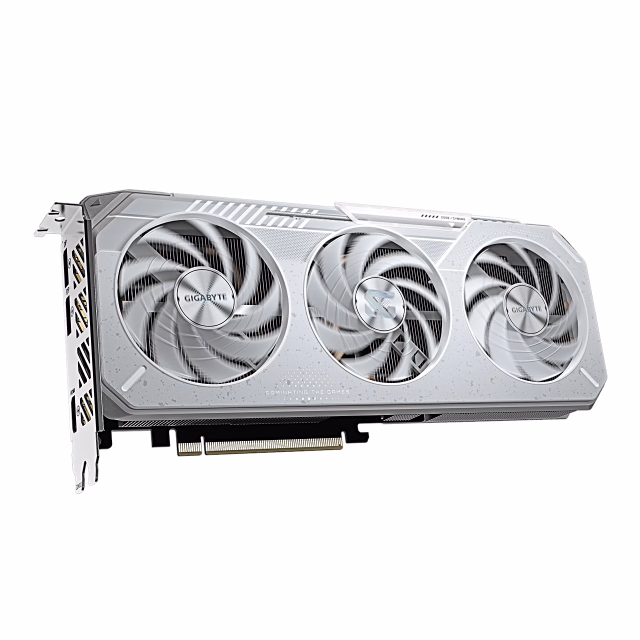 Valge kolme ventilaatoriga videokaart Gigabyte viltu eestvaates