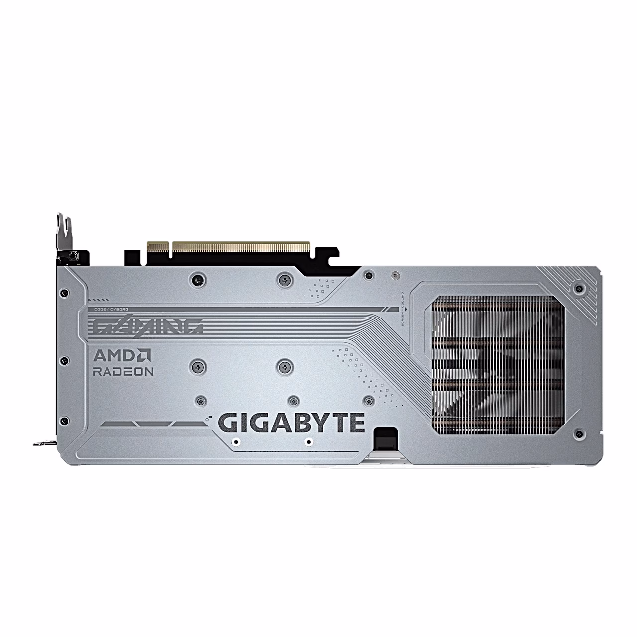 Videokaardi tagaplaat Gigabyte ja AMD Radeoni logoga