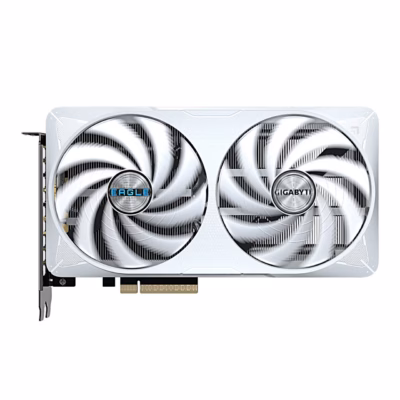 Valge videokaart Gigabyte RTX 5060 EAGLE OC ICE kahe ventilaatoriga eestvaates