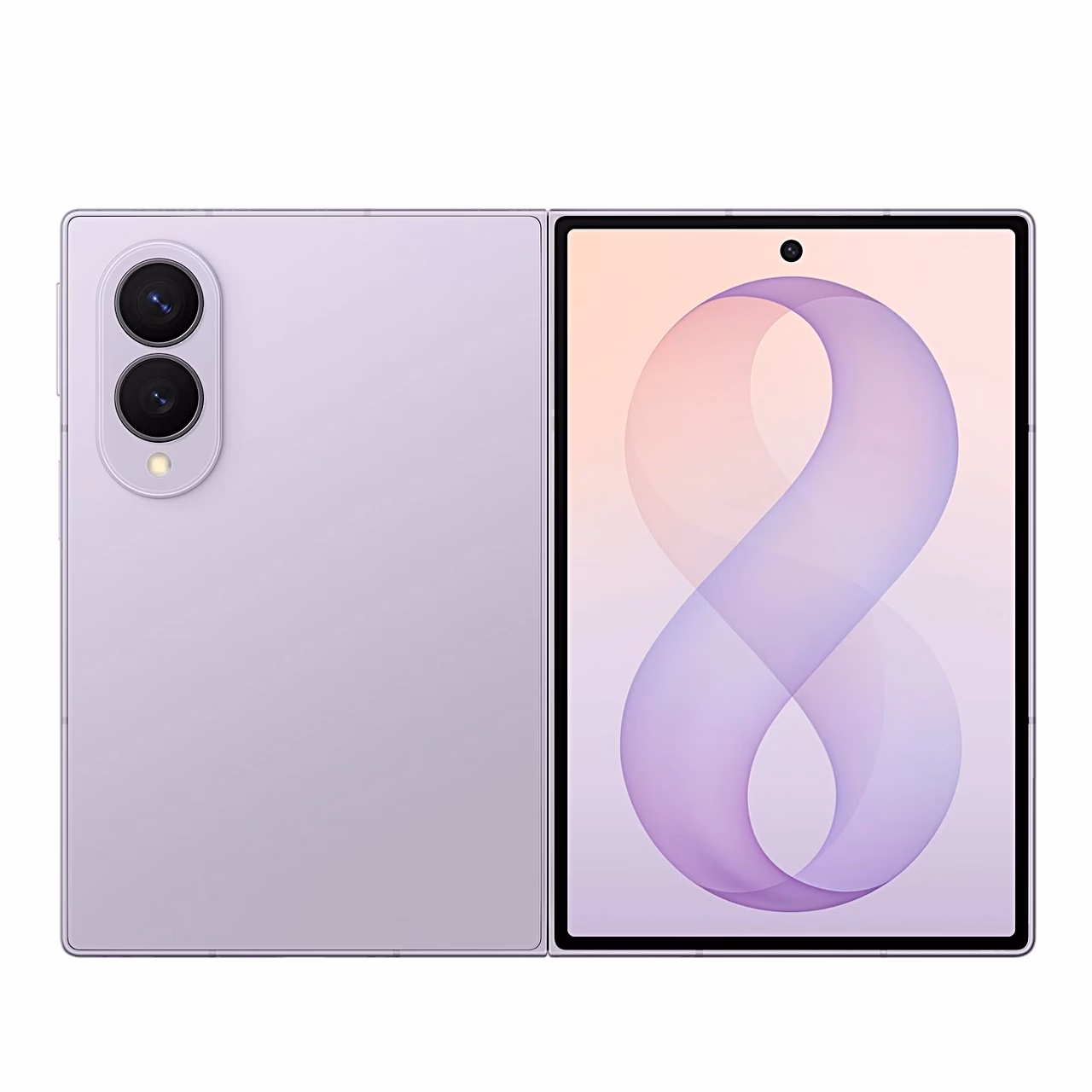 Lilla Samsung Galaxy Z Fold8 nutitelefoni tagakülg ja välisekraan kõrvuti