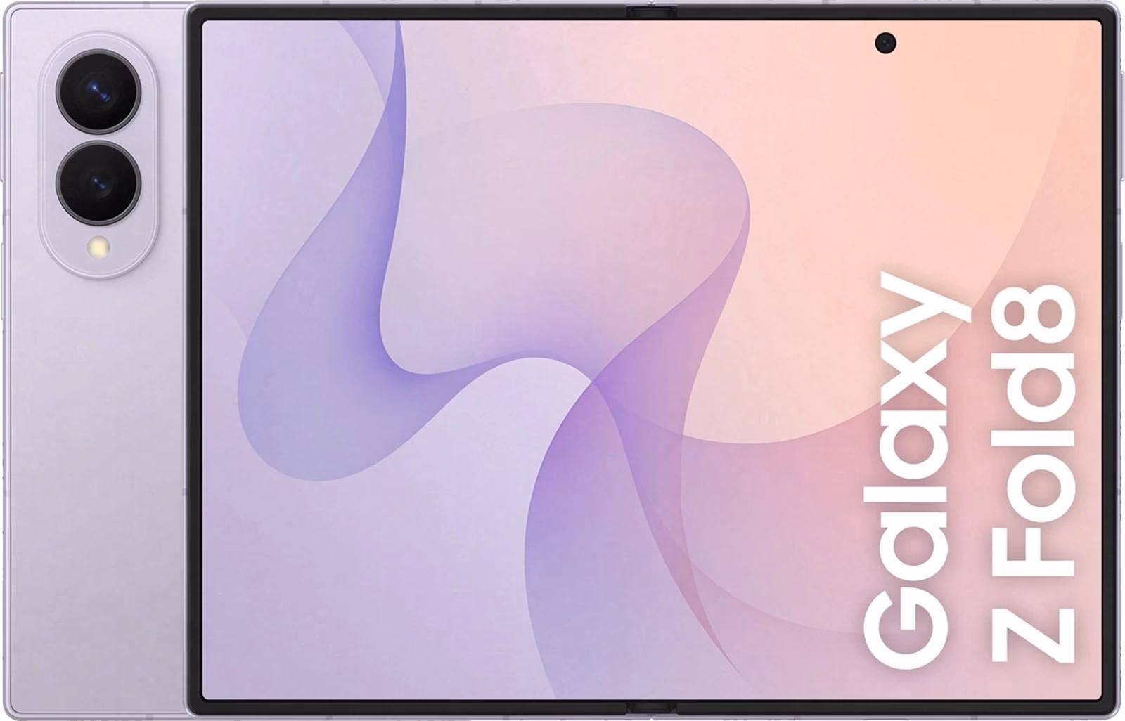 Lahtivolditud nutitelefon Samsung Galaxy Z Fold8 lilla tagakülje ja siseekraaniga
