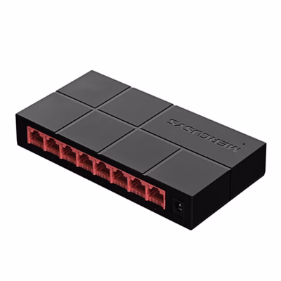 Võrgulüliti Mercusys MS108G nurga alt, kaheksa punast RJ-45-porti