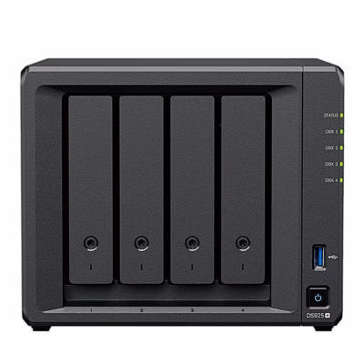 Synology DS925+ võrguketas eestvaates, neli lukustatavat kettasahtlit ja märgutuled