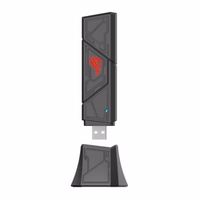 WiFi-adapter ASUS ROG USB-BE92 ja selle alus eestvaates