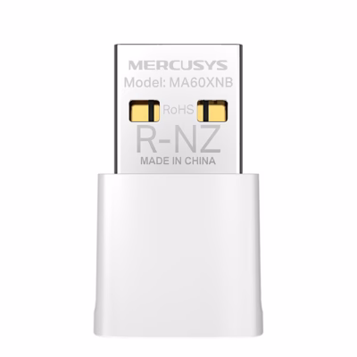 WiFi-adapter Mercusys MA60XNB valge korpuse ja USB-A-pistikuga lähivaates