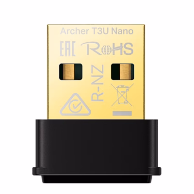 TP-Link Archer T3U Nano WiFi-adapteri kuldne USB-A pistik ja must korpus
