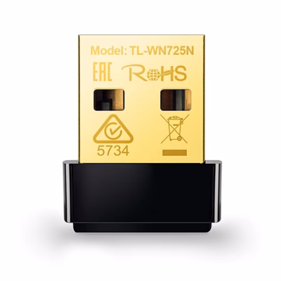 WiFi-adapter TP-Link TL-WN725N eestvaates, kuldne USB-pistik mudelitähisega