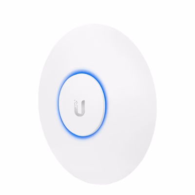 WiFi-pääsupunkt Ubiquiti UAP-AC-PRO eestvaates, sinine valgusrõngas keskel