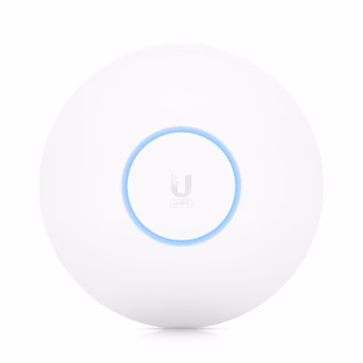 WiFi-pääsupunkt Ubiquiti UniFi U6-Pro valges korpuses eestvaates sinise valgusrõngaga